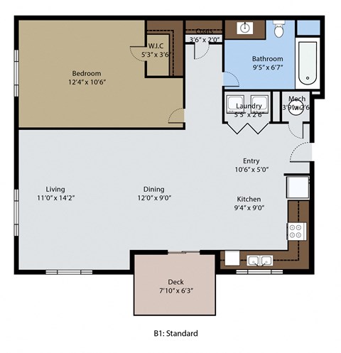 Floor plan for 1 bed, 1 bath, 771 sqft